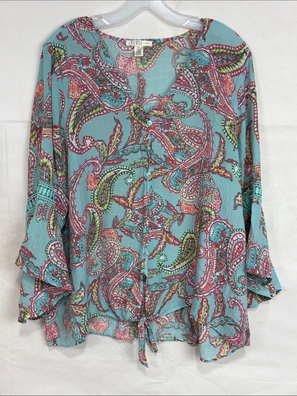 Spense Teal Paisley Button-Front Top with Pink & Green Accents